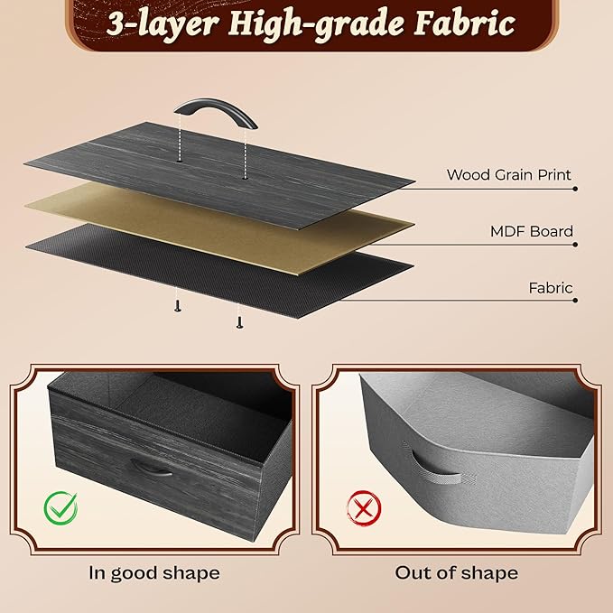 Huuger 63 Inch Long Dresser for Bedroom, TV Stand for 55, 65, 70 Inch TV, 6 Drawer Dresser for Closet with Fabric Drawers, Storage Organizer for Bedroom, Entryway, Charcoal Black Wood Grain Print