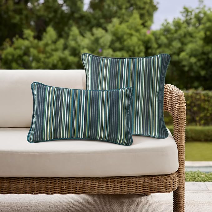 Sunbrella Decorative Outdoor Water Repellent Throw Pillows with Inserts, Set of 4, 20" x12" Pillows for Patio, Backyard, Bed, Couch, and Patio Furniture, Beach Stripe Lagoon