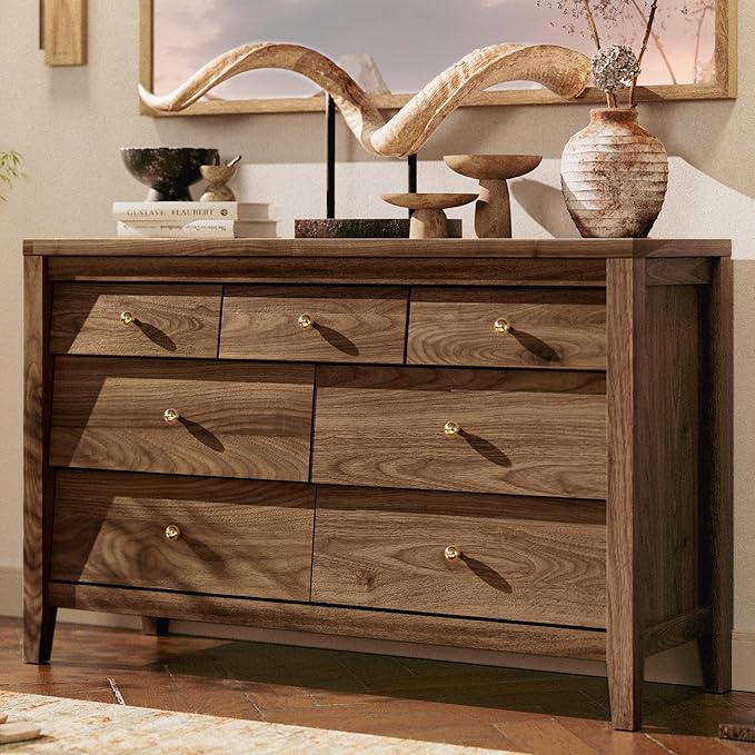 7 Drawers Dresser with Beveled Panel, Farmhouse Chest of Dressers for Bedroom, Wood Dresser TV Stand, Drawer Organizer for Bedroom, Living Room, Hallway, Walnut