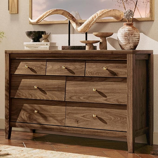 7 Drawers Dresser with Beveled Panel, Farmhouse Chest of Dressers for Bedroom, Wood Dresser TV Stand, Drawer Organizer for Bedroom, Living Room, Hallway, Walnut