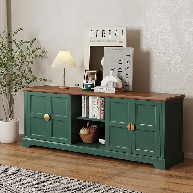 HLR 67” Modern TV Stand for TVs up to 75+ inch, Shaker Style Television Console Table, Entertainment Center with Storage Cabinets, Wood Media Furniture for Living Room,Bedroom, Green
