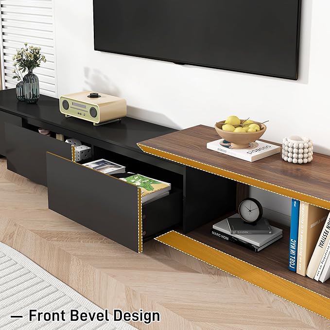 Extendable TV Stand with 3 Drawers, Modern Minimalist Entertainment Center, Reversible Long TV Media Console, Bevel Design, 82-107.3 Inch, Black & Walnut