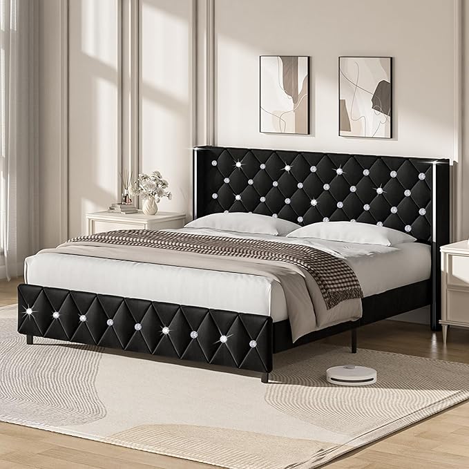 HOMBCK King Size Bed Frame Black, Velvet Upholstered Bed Frame King with Diamonds Tufted Headboard and Footboard, Wooden Slats Support, No Box Spring Needed, Easy Assembly, Black