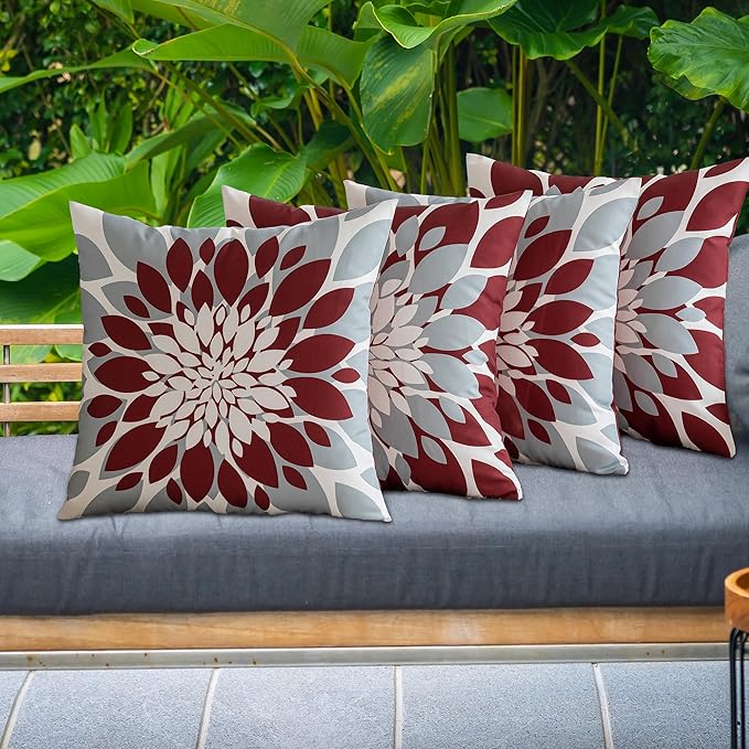Qahing Pack of 4 Outdoor Waterproof Pillow Covers 20x20 Decorative Outdoor Throw Pillows Garden Square Cushion Cases for Patio Furniture, Couch, Tent Sunbrella, Bench, Burgundy Red Grey