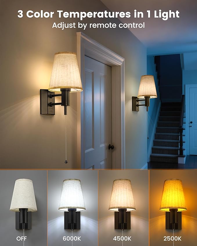 Rechargeable Battery Operated Wall Sconces Set of 2, Wireless LED Wall Lights with Remote & On/Off Pull Chain, Wall Mounted Lamp Lighting Fixture Decor for Bedroom Living Room, Matte Black