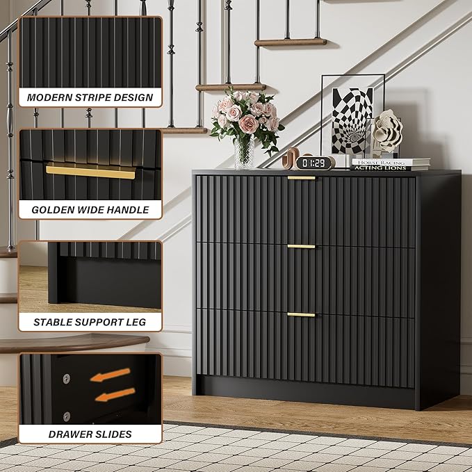 Black Dresser for Bedroom, Modern Dresser with 3 Drawers and Smooth Slides, Wide Chest of Drawers with Golden Handles for Bedroom, Living Room, Closet, 15.7" D x 31.5" W x 29.6" H