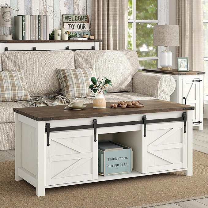 47.3'' Lift Top Coffee Table with Storage, Modern White Coffee Table with Sliding Barn Doors, Farmhouse & Rustic Rectangle Center Table for Living Room, Office, Brown Top