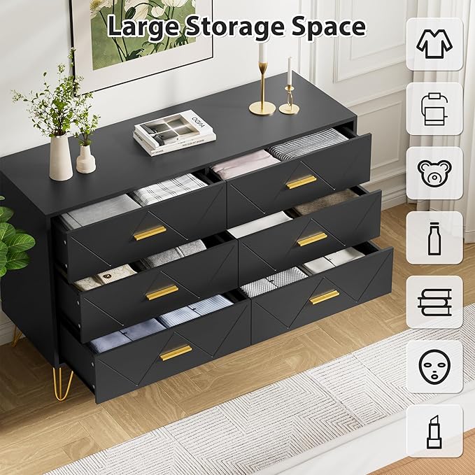 Black Dresser for Bedroom, 6 Drawer Dresser with Golden Handles, Wood Modern Double Chest for Hallway, Entryway
