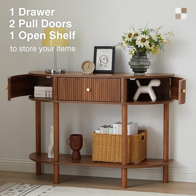 43.3“ Fluted Half Moon Console Table, Modern Entryway Console Sofa Table with Storage, Narrow Wood Accent Tables Behind Couch Tables for Living Room, Hallway, Foyer(Walnut)