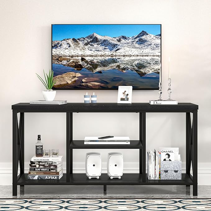 EXCEFUR Modern Entertainment Center for TVs up to 55 Inch, Wood TV Stands with Storage Shelves, Industrial Media TV Console Table for Bedroom Living Room, 47 Inch Black Oak