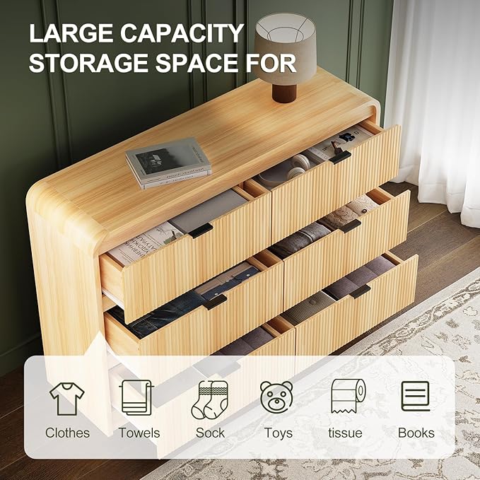 FURSUN Fluted 6 Drawers Dresser for Bedroom, 54" Wide Wooden Dresser with Metal Handle, Curved Profile Design, Modern Storage Organizer for Living Room, Hallway (Natural Oak)