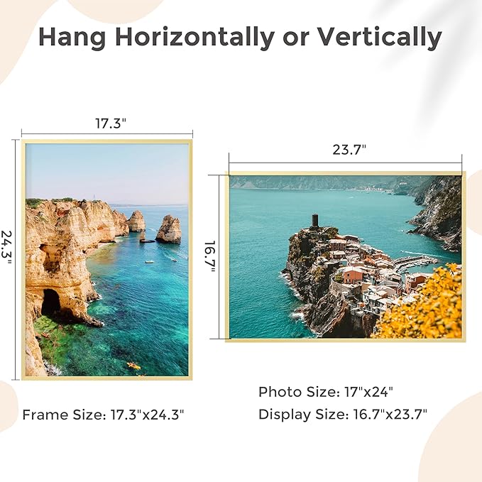 17x24 Metal Picture Frame - Gold Aluminum Picture Frames with Real Glass, Wall Mounting Horizontally or Vertically, Diploma, Certificates and Decor for Wall Gallery 24x17 Frame, Gold