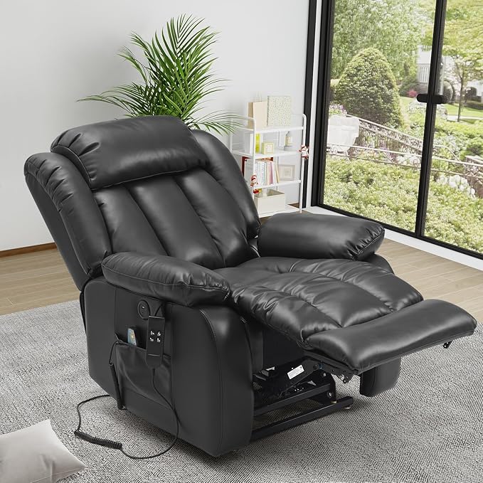 PARKOL Large Breathing Leather Infinite Position Power Lay Flat Lift Recliner Chairs for Elderly, Dual Motor with Massage and Heating,Extended Footrest,USB & Type-C Port and Remote,Black