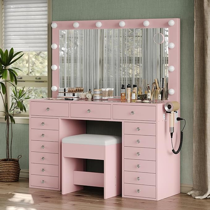 15 Drawers Makeup Vanity with Charging Station, Vanity Desk with 12 LED Bulbs and HD Mirror, 3 Color Brightness Adjustable, Vanity Set for Bedroom, Pink