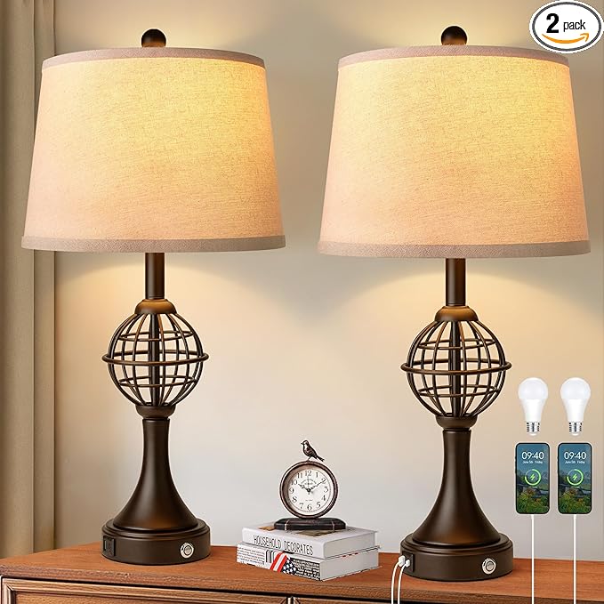 Table Lamps for Living Room Set of 2, Farmhouse Touch Lamps for Nightstand with USB A+C, 26.5" Rustic Bedside Lamp for Bedroom End Tables