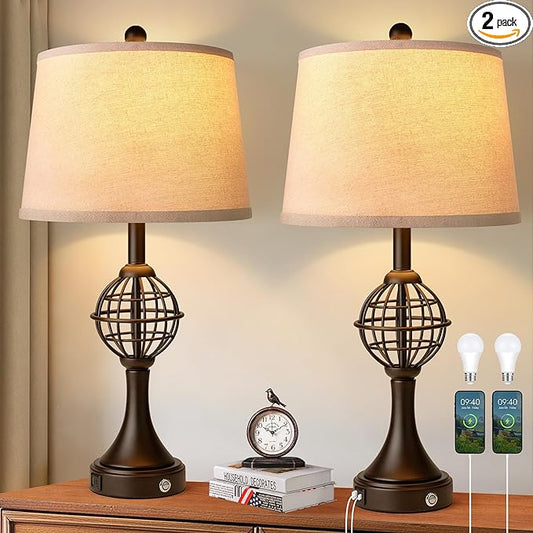 Table Lamps for Living Room Set of 2, Farmhouse Touch Lamps for Nightstand with USB A+C, 26.5" Rustic Bedside Lamp for Bedroom End Tables