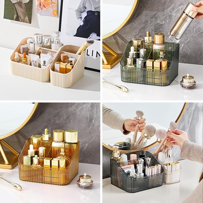 DASITON Large Capacity Makeup Brush Holder,5 Slot Makeup Brush Cup,Vintage striped Make Up Brush Holder,for Vanity Decor,Bathroom Countertops,Desk Storage Container,Cosmetic Display cases(Cream)