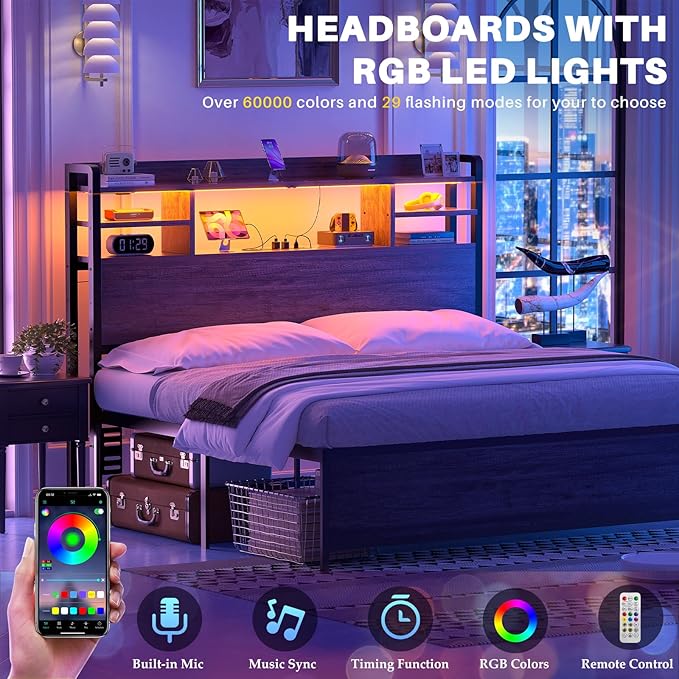 Aheaplus Headboard for Full Size Bed with Storage, Headboards with LED Light, Power Outlets, USB Ports Full Size Head Board, Wood headboard Only Sturdy and Stable Headboards, Modern, Black Oak