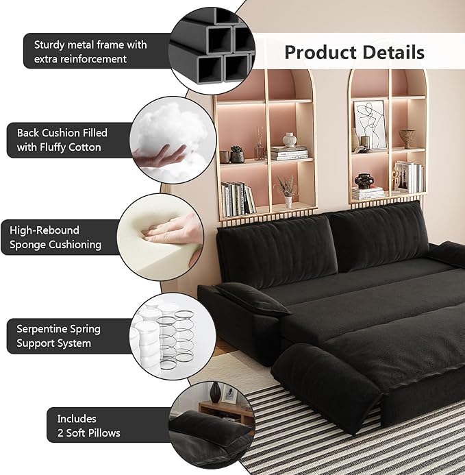 73.2-Inch Queen Size Convertible Sleeper Sofa Bed, 3-in-1 Pull-Out Futon Loveseat, Velvet Futon Couch with 2 Soft Pillows for Living Room, Office, Apartment, RV, Hide-A-Bed Fold Out Sofa&Couches