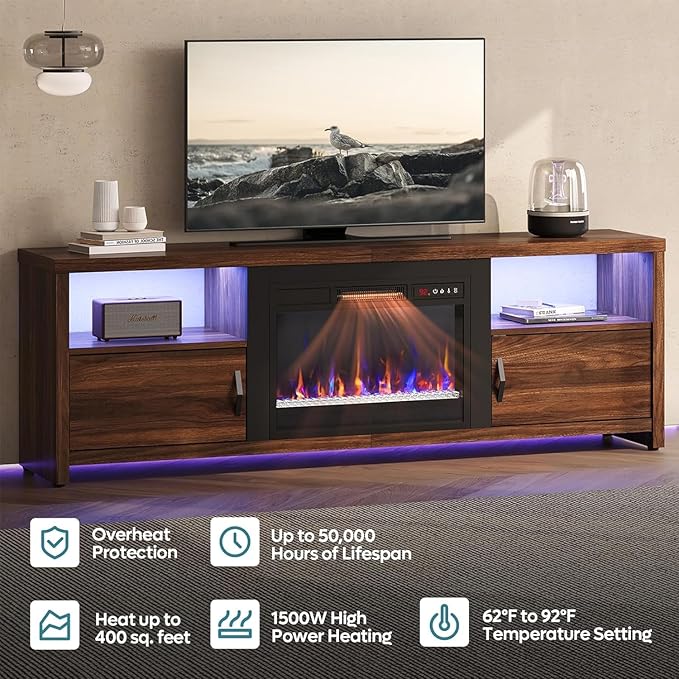 Bestier 70" Electric Fireplace TV Stand for TVs Up to 75", Modern Entertainment Center with Storage Cabinets, LED Lights, Open Shelves and Cable Holes for Living Room, Dark Walnut