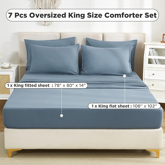 Litanika Oversized King Comforter Sets Grayish Blue - 7 Pieces Bed in a Bag Oversized King Bedding Comforter Sets, Solid Lightweight Bed Set with Comforter, Sheets, Pillowcases & Shams