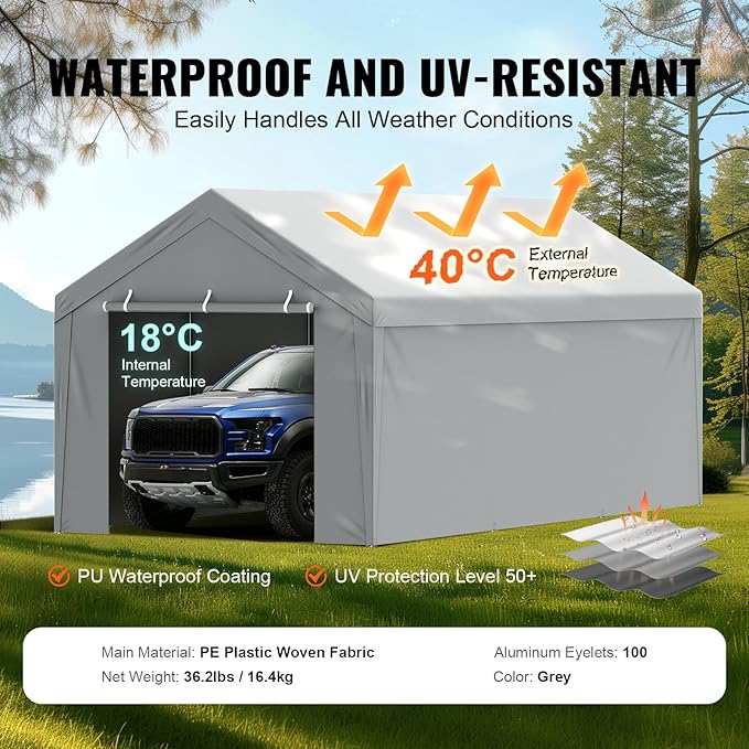 VEVOR Carport Replacement Canopy Cover Top + Side Wall 13 x 20 ft, Garage Tent Shelter Tarp Heavy-Duty Waterproof & UV Protected, Easy Installation with Ball Bungees,Grey (Frame Not Included)