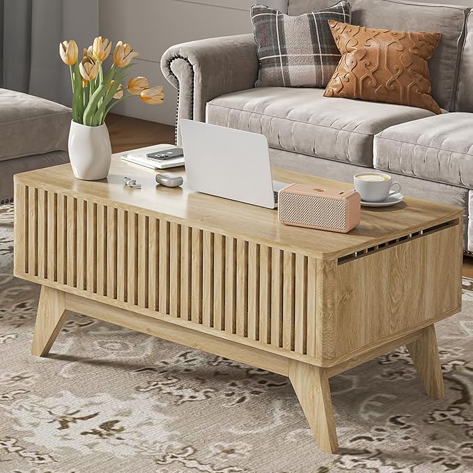 Lift Top Coffee Table with Hidden Compartment, Mid Century Modern Coffee Table for Living Room, Fluted Design Farmhouse Center Table with Storage (Wood, 35.4" W)