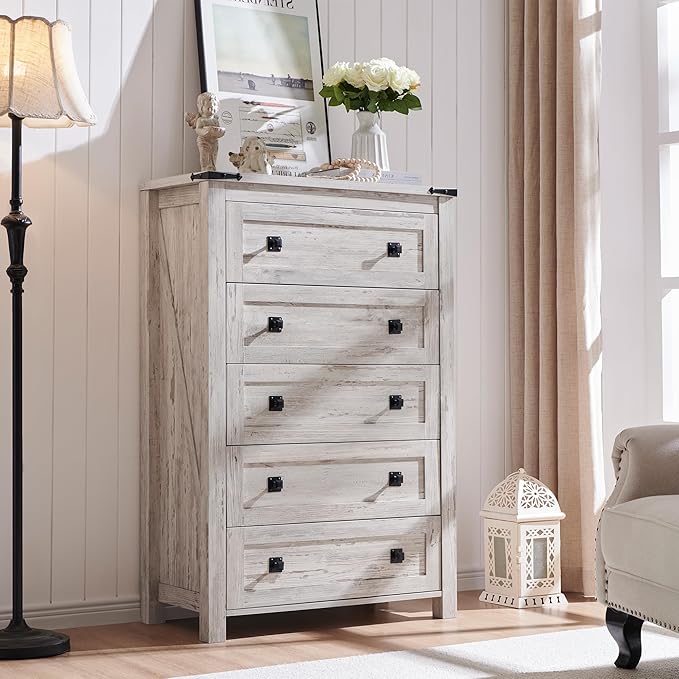 T4TREAM Farmhouse 5 Drawers Dresser Chests for Bedroom, Wood Rustic Tall Chset of Drawers,Dressers Organizer for Bedroom, Living Room,Hallway, Antique Brush White
