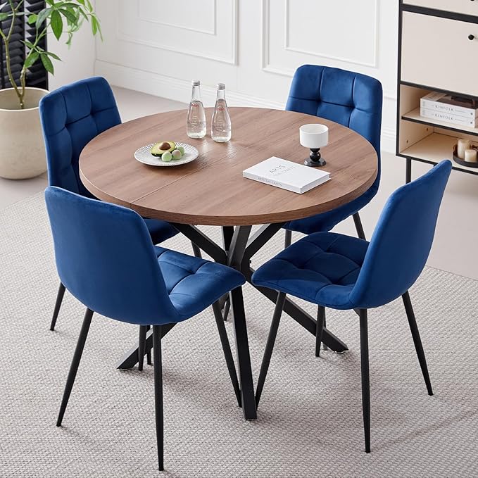 39" Round Dining Table Set for 4, Mid Century Kitchen Table with 4 Velvet Dining Chairs for Apartment Living Room Space Saving