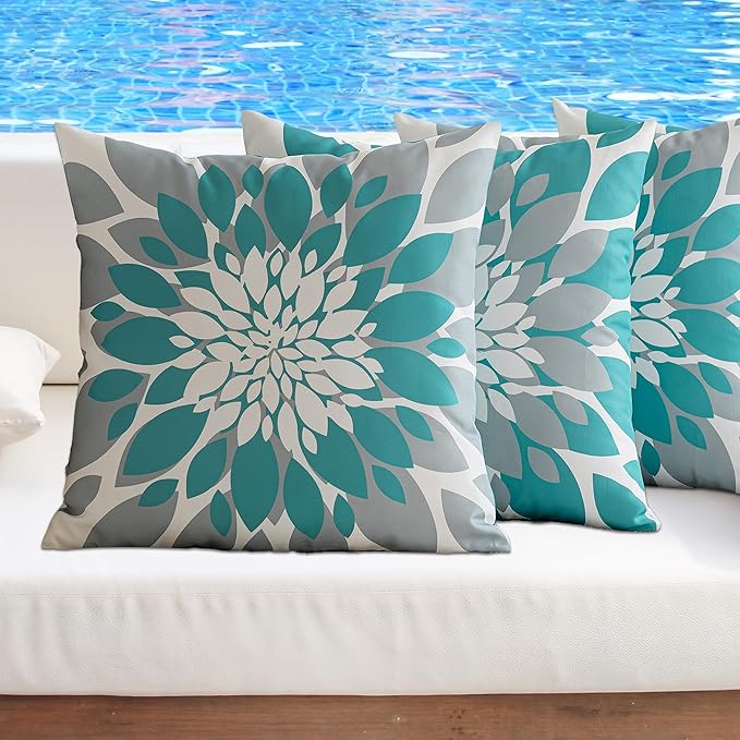 Qahing Pack of 4 Outdoor Waterproof Pillow Covers 16x16 Decorative Outdoor Throw Pillows Garden Square Cushion Cases for Patio Furniture, Couch, Tent Sunbrella, Bench, Teal Turquoise Grey