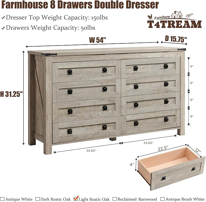 T4TREAM Farmhouse 8 Drawers Dresser for Bedroom, Rustic Wood Double Dresser TV Stand, Wide Storage Dressers Organizer for Living Room, Hallway, Light Rustic Oak