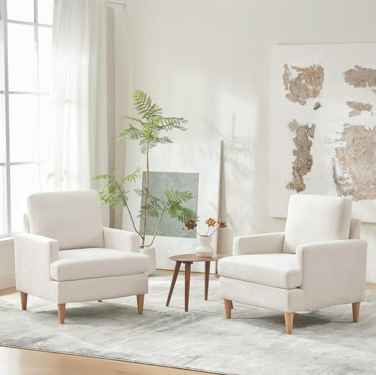 VKNOW Mid-Century Accent Chairs Set of 2, Modern Upholstered Chenille Armchair for Living Room,Comfy Reading Accent Chairs with Wood Legs for Bedroom, Beige Polyester