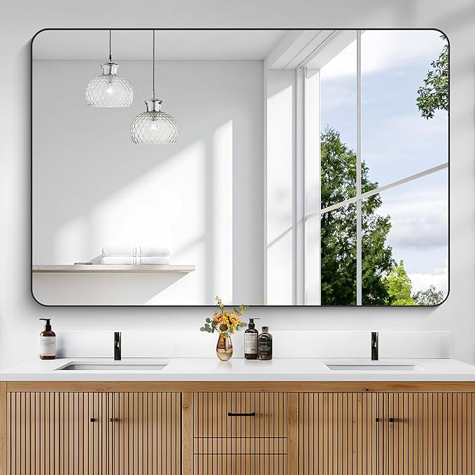 KOCUUY Black Bathroom Mirror 60"x40", Large Vanity Mirror with Rounded Corner, Metal Black Frame with Mordern Design for Bathroom, Living Room, Entryway, Hang Horizontal/Vertical