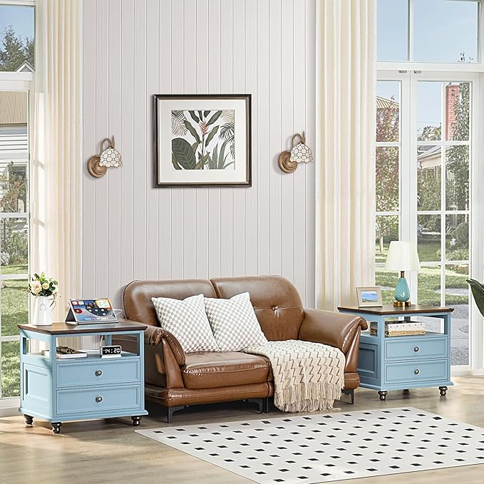 Farmhouse Nightstand Set of 2 with Charging Station, 24" Wide End Table with 2 Drawers, Dresser Cabinet for Bedroom,Bed Side Table Chest of Drawers,Light Blue Night Stand for Living Room