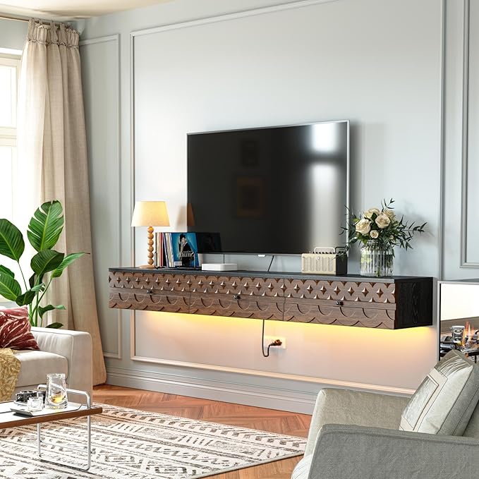 Fully-Assembled Floating TV Stand, Vintage Carved Floating Entertainment Center with Flip-Down Doors & Drawer, Walnut Wood Media Console Shelf Cabinet Under TV Storage for Living Room, 47IN