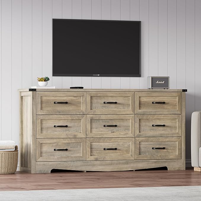 Dresser for Bedroom, 59'' Wide Chest of Drawers with Natural Wood Texture, 9 Drawer Dresser for Closet with Metal Handles, Sleek Storage Solution for Living Room, Office, Hallway, Grey