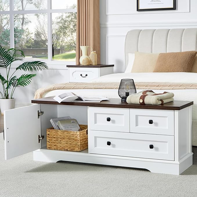 LIDYUK 3 Drawer White Dresser for Bedroom Farmhouse Dresser Chest of Drawers, 48" End of Bed Storage Bench Wide Chest of Drawers for Bedroom, Living Room