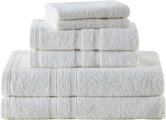 CLOROX Bleach Friendly Towel Set, Quick Dry 100% Cotton Highly Absorbent Lightweight, 2 Bath, 2 Hand, 2 Washcloth Towels Ideal for Everyday Use (6 Pack, White)