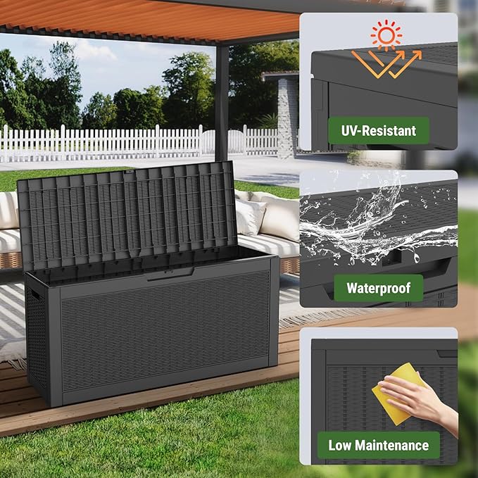 Mars Villa 60 Gallon Deck Box, Outdoor Storage Box Waterproof, Outside Resin Storage Bin for Outdoor Patio Furniture Cushions, Pool Supplies, Garden Tools, UV-Resistant and Weatherproof, Rattan Black