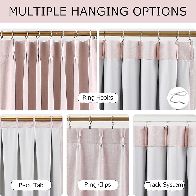Vision Home Soft Pink Pinch Pleated Full Blackout Curtains Linen Blended Room Darkening Window Curtains 112 inch for Living Room Bedroom Thermal Insulated Pinch Pleat Drapes with Hooks 60" Wx112 Lx1