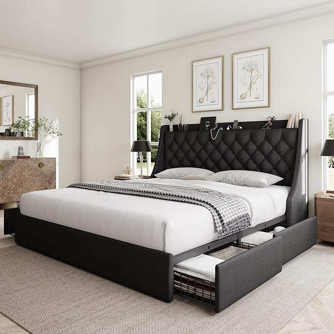 King Size Bed Frame with 4 Storage Drawers, Giant Upholstered Wingback Headboard, Fast Charging Station, No Box Spring Needed, Noise-Free, Black