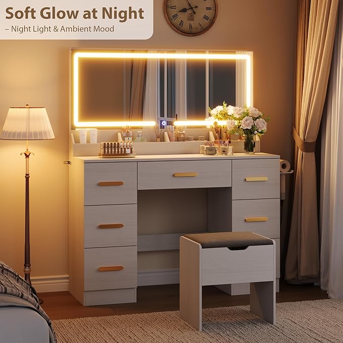 Garvee Vanity Desk with Large Mirror and Lights, 45.9In Makeup Vanity Desk, 3 Lighting Modes Adjustable Brightness, Vanity Table with Power Outlet &8 Drawers, for Powder Room and Bedroom