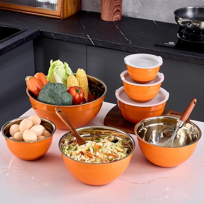 Orange Mixing Bowls With Airtight Lids,Stainless Steel Bowl,Salad Bowls 7 Piece Colorful Nesting Bowl Orange Kitchen Accessories,Size 7,3.6,2.7,2.1,1.5,1.1,0.8QT Stackable Design