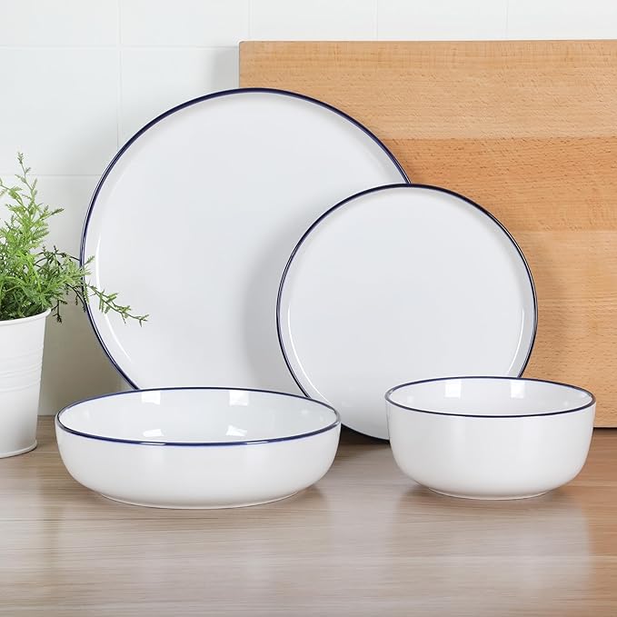 Gibson Home Oslo 16-Piece Porcelain Ceramic Chip & Scratch Resistant Dishes, Microwave & Dishwasher Safe, Plates and Bowls Dinnerware Set, White w/Blue Rim