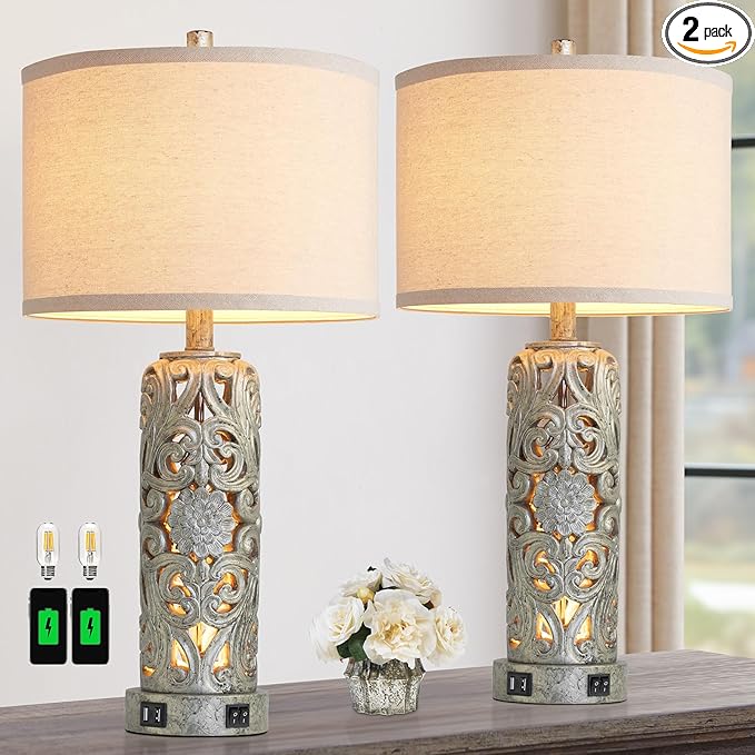 25'' Set of 2 Industrial Table Lamps for Living Room with Dual USB Ports, Vintage Resin Nightstand Lamp for Bedroom with Nightlight, Antique Rustic Desk Lamp for Entryway, 2 Bulbs Included