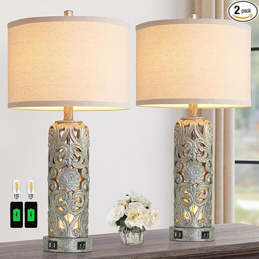 25'' Set of 2 Industrial Table Lamps for Living Room with Dual USB Ports, Vintage Resin Nightstand Lamp for Bedroom with Nightlight, Antique Rustic Desk Lamp for Entryway, 2 Bulbs Included
