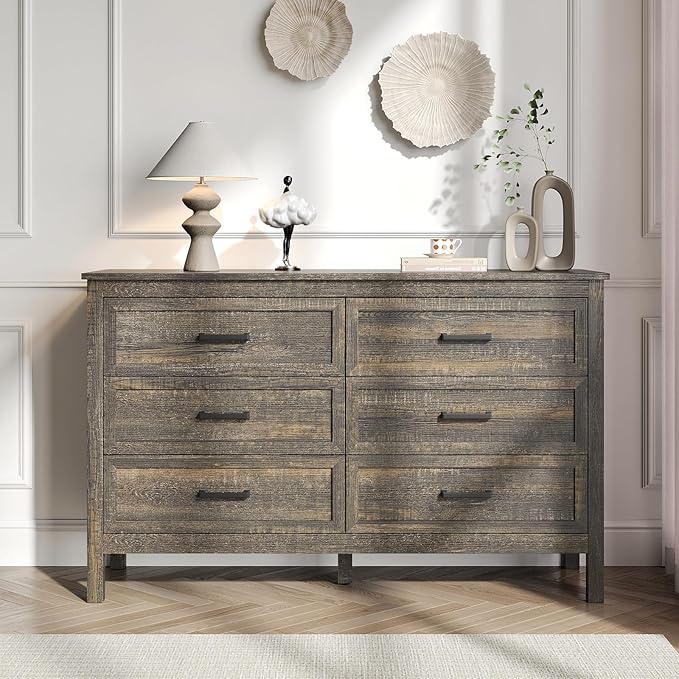 Farmhouse 6 Drawers Dresser for Bedroom, Wood Rustic Wide Chest with Natural Texture, Farmhouse Chest of Drawers for Bedroom, Hallway, Entryway, Dark Brown