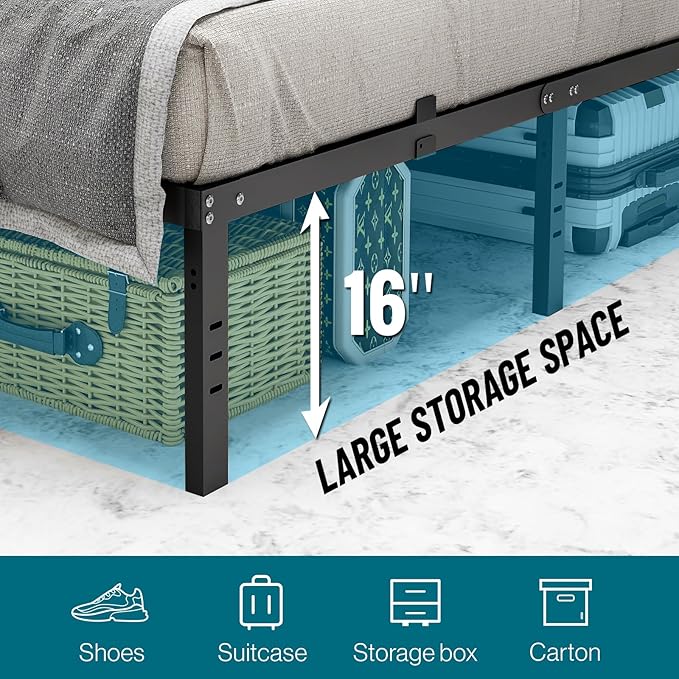 16 inch High Mental Queen Bed Frame with Headboard Hole,3900LBS Heavy Duty Steel Slats Queen Bed Frame No Box Spring Needed Platform Noise-Free Easy Assembly