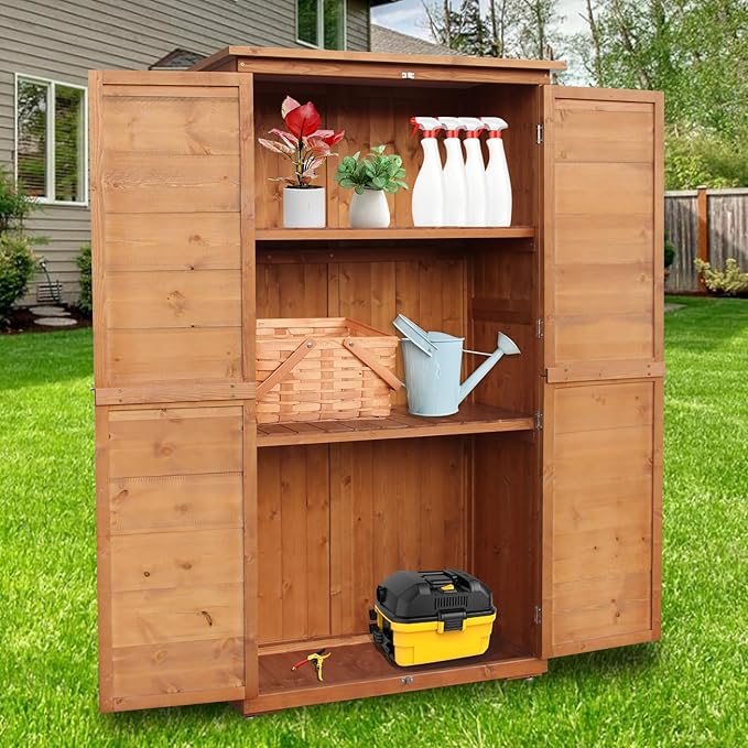 Outdoor Storage Cabinet, Wood Garden Shed, Pool Storage Shed with Lockable Door, Waterproof Roof and 2 Removable Shelves, Vertical Outside Storage Shed for Patio, Backyard and Lawn, Oak Brown
