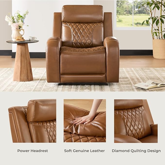 CHITA Genuine Leather Recliner Chair for Adults with Adjustable Power Headrest, Lay Flat Power Recliner with Slide-Out Cupholders & USB/Type-C Ports, Living Room Chair, Saddle